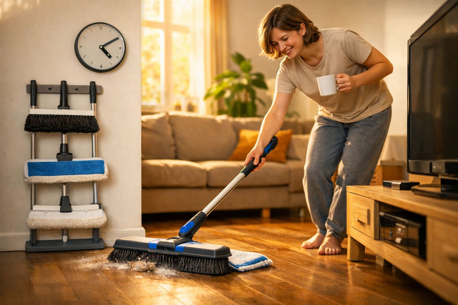 Mulher a limpar chão de madeira na sala com esfregona elétrica, segurando uma caneca branca.