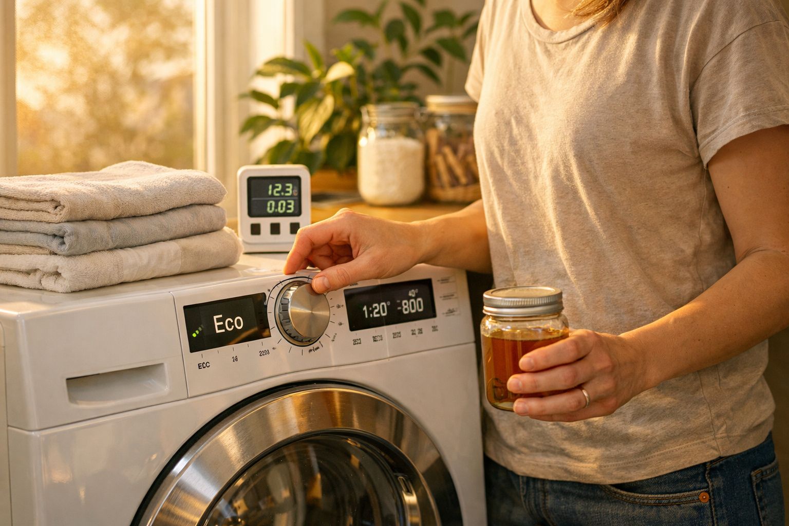 Pessoa ajusta programa eco numa máquina de lavar roupa enquanto segura um frasco com líquido castanho.