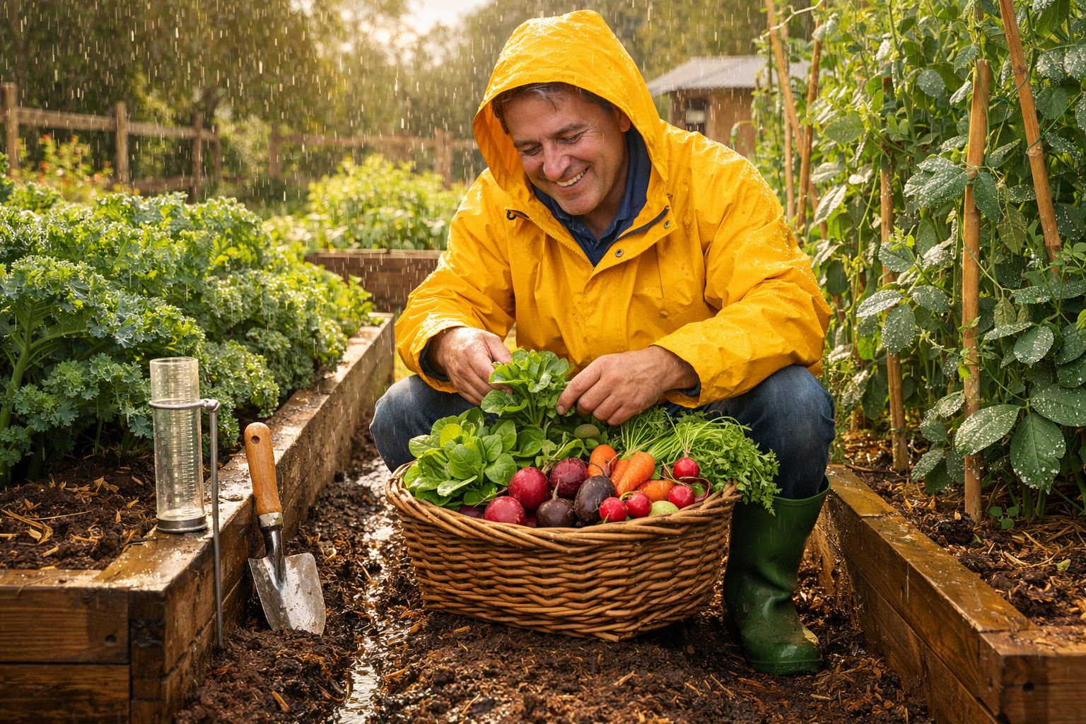 Homem de impermeável amarelo a colher legumes frescos num jardim durante a chuva.