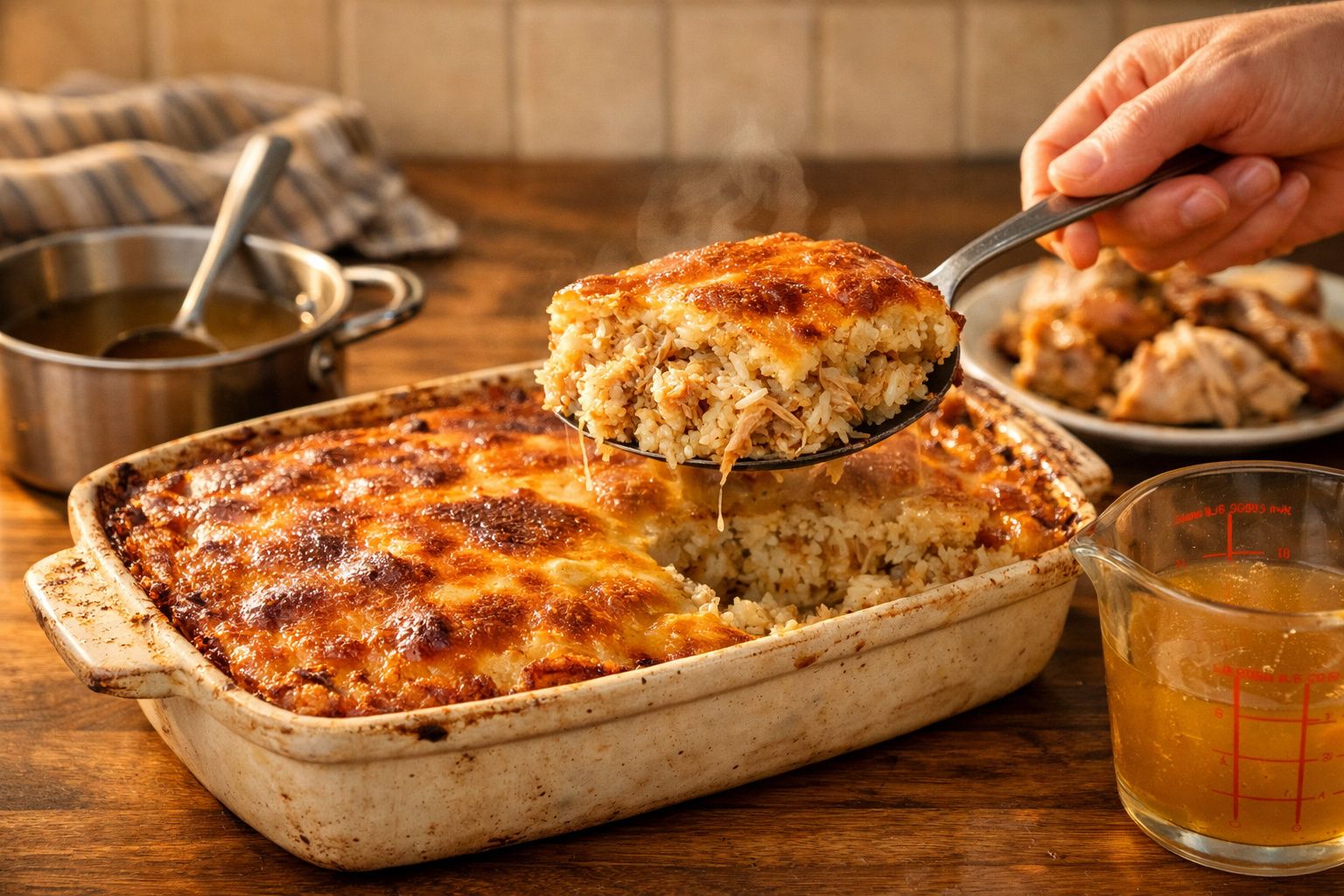 Arroz de forno com frango e cobertura dourada sendo servido numa travessa cerâmica sobre mesa de madeira.