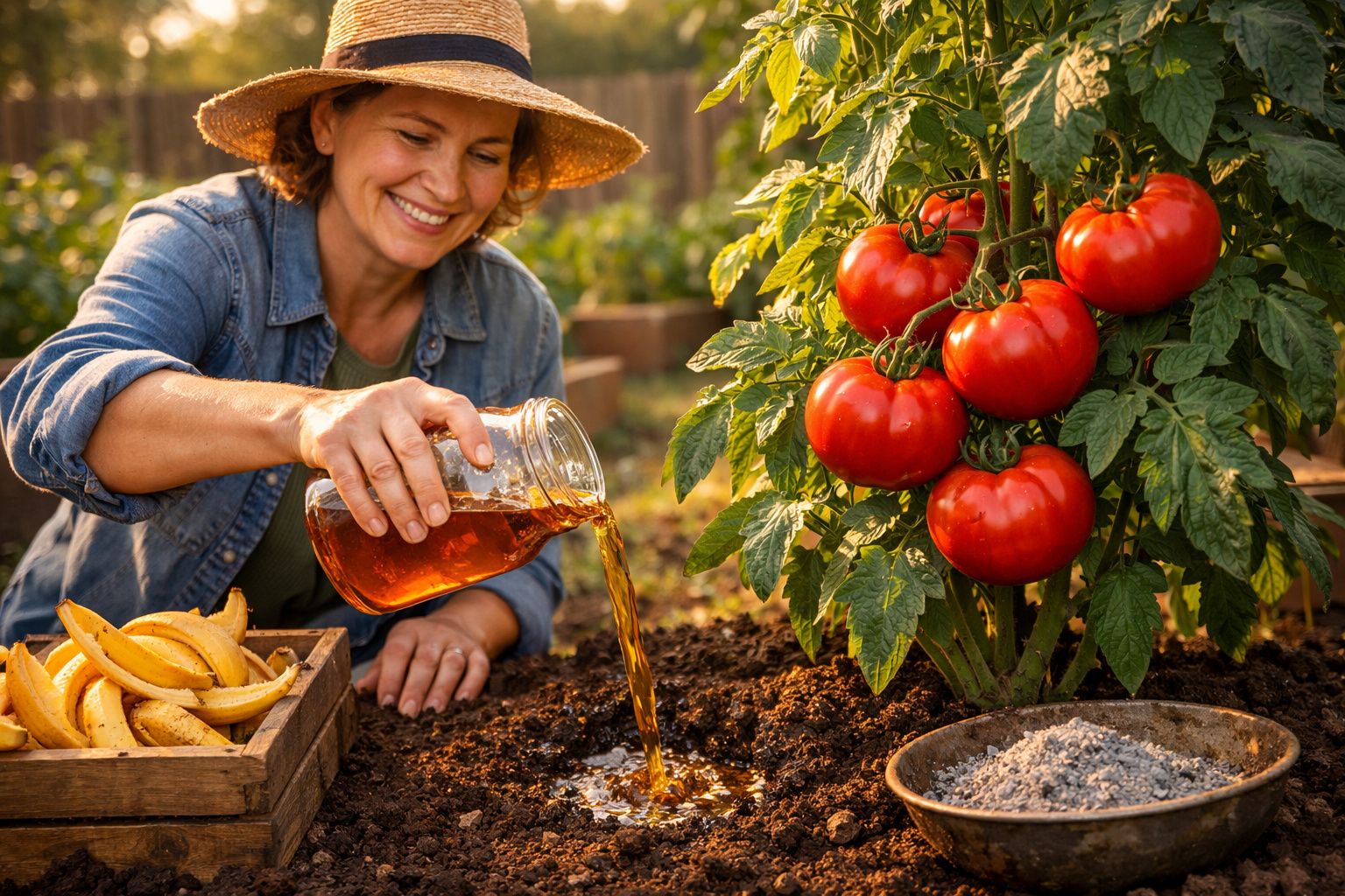 Mulher a regar plantas de tomateiro com líquido orgânico num jardim caseiro, sorridente e protegida com chapéu.