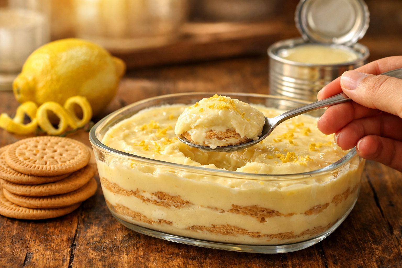 Doce de limão com bolacha e leite condensado em taça de vidro, com limão e bolachas ao lado.