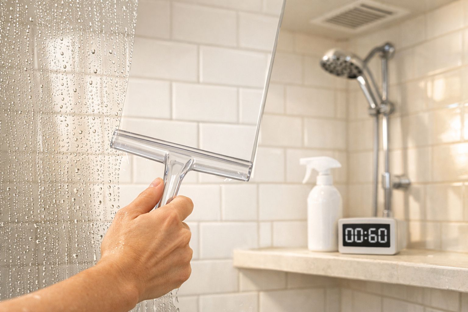 Mão a utilizar um limpa vidros para remover gotas de água de um vidro de casa de banho.