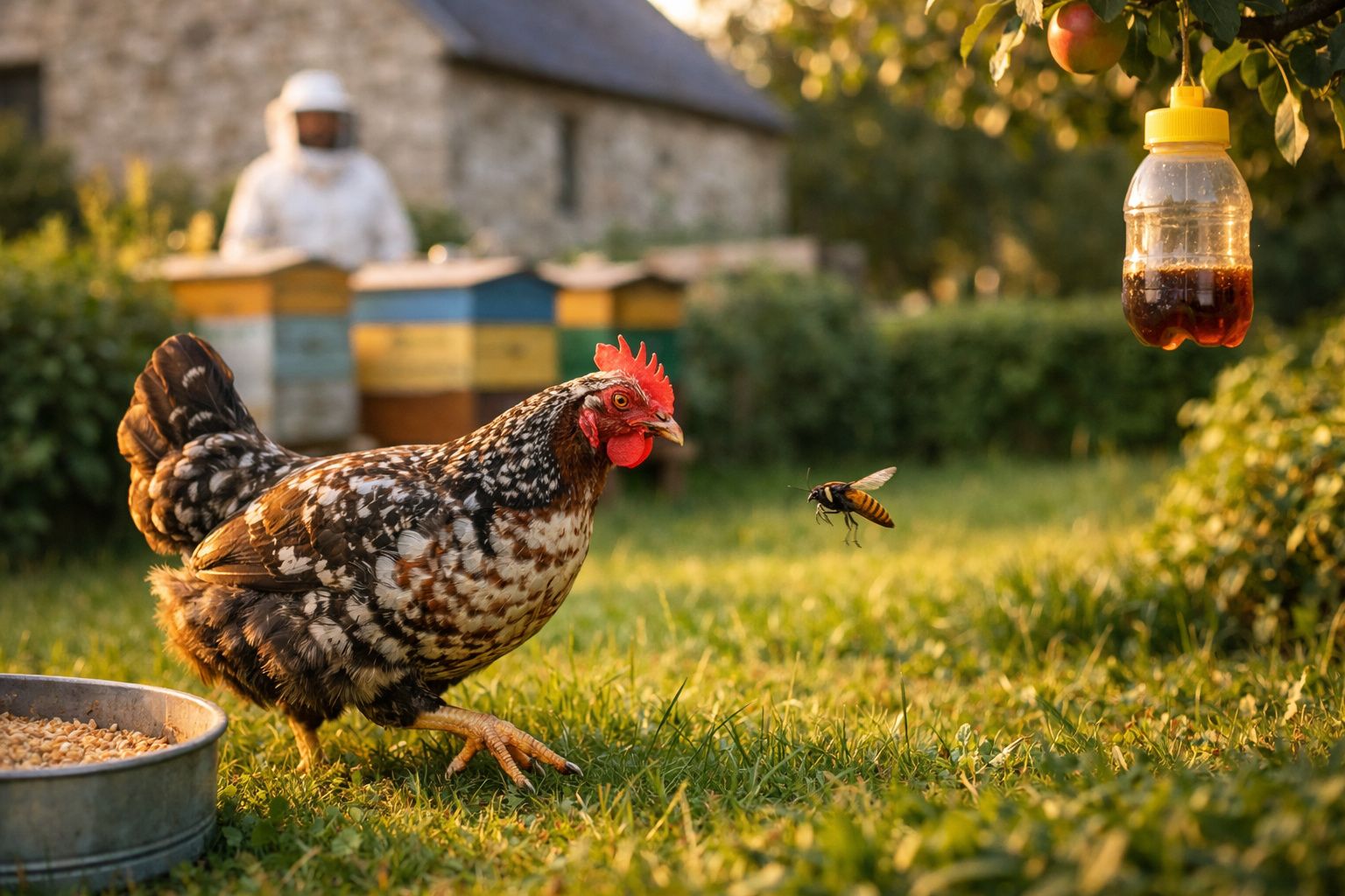 Galinha castanha com penas brancas observa abelha perto de favo de mel ao ar livre com apicultor ao fundo.