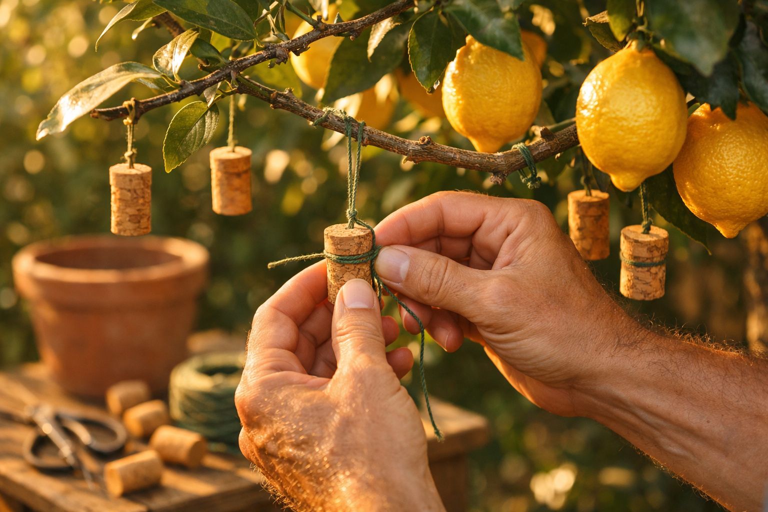 Mãos a pendurar rolhas de cortiça em ramos de limoeiro com limões maduros ao fundo.