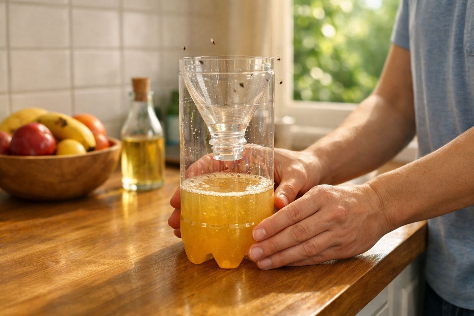 Mãos seguram armadilha caseira para moscas feita com garrafa plástica e líquido amarelo sobre bancada de cozinha.