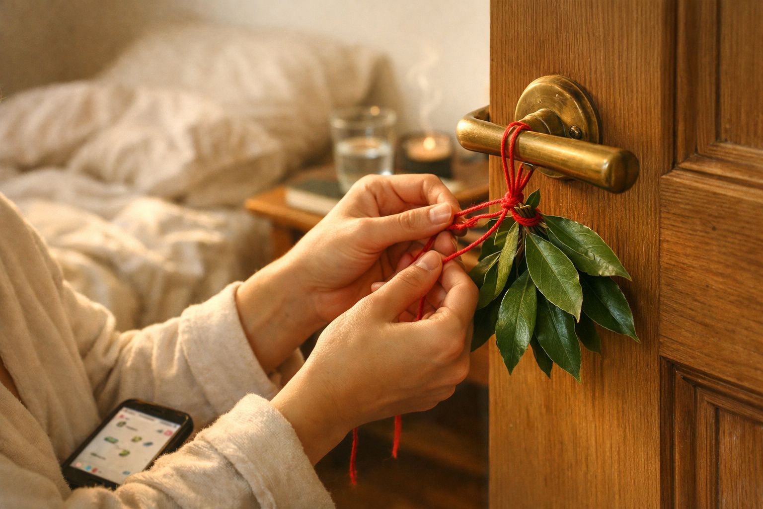 Mãos a amarrar ramo de folhas verdes com cordão vermelho na maçaneta de porta de madeira.