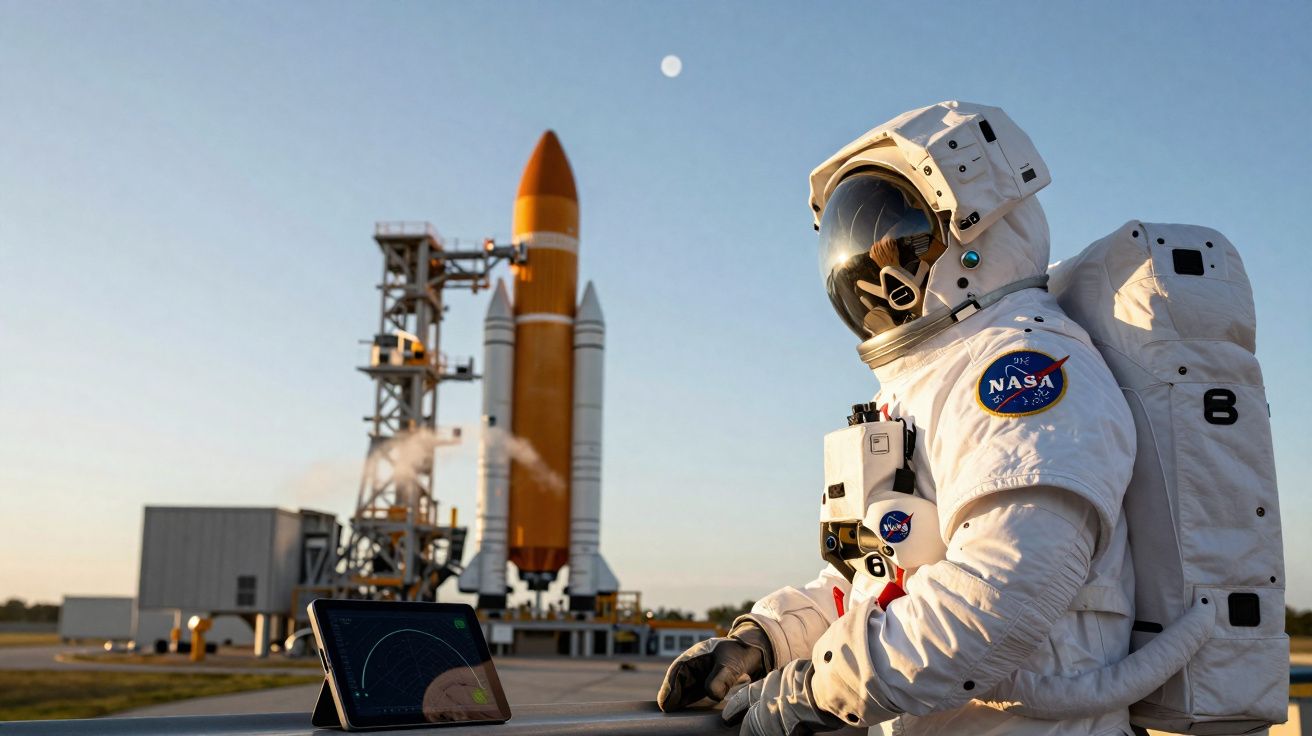 Astronauta da NASA com fato espacial olha para um foguetão na plataforma de lançamento ao pôr do sol.