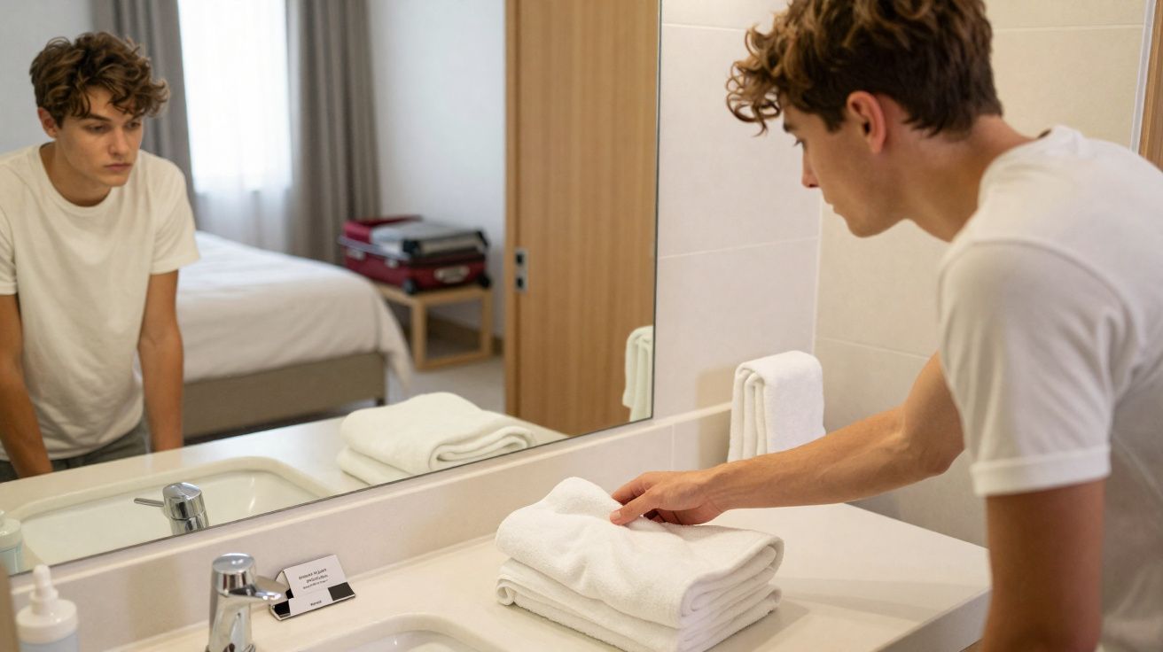 Jovem numa casa de banho a organizar toalhas brancas sobre a pia, olhando ao espelho.