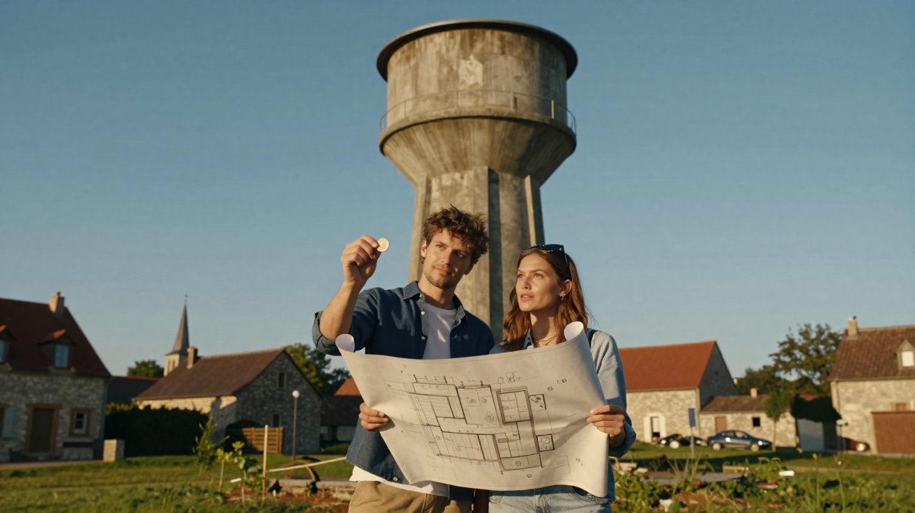 Casal jovem analisa plantas arquitetónicas ao ar livre com torre de água e casas ao fundo num dia ensolarado.