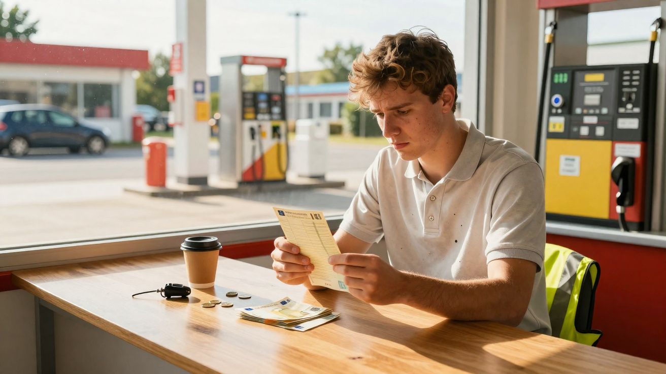 Homem sentado numa bomba de gasolina a analisar uma conta com dinheiro e moedas sobre a mesa.