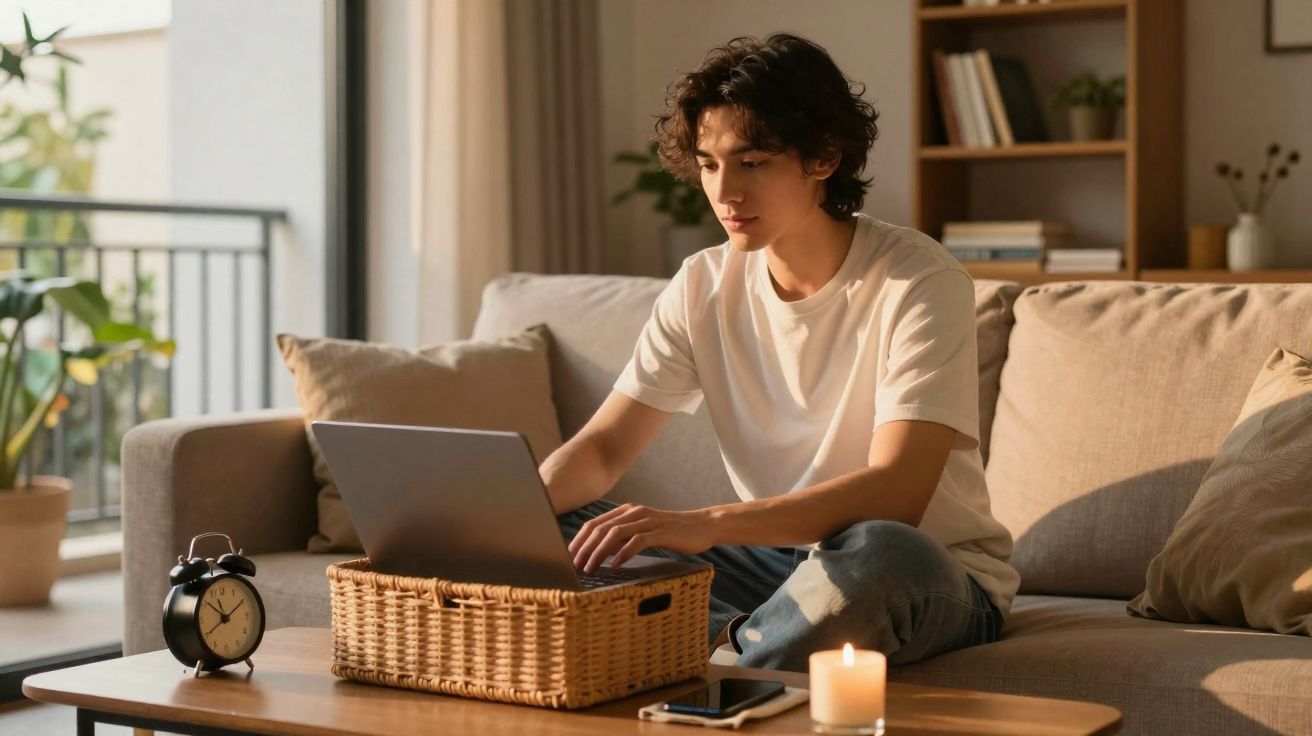Jovem sentado no sofá a trabalhar num portátil, com vela acesa e despertador numa mesa de centro.