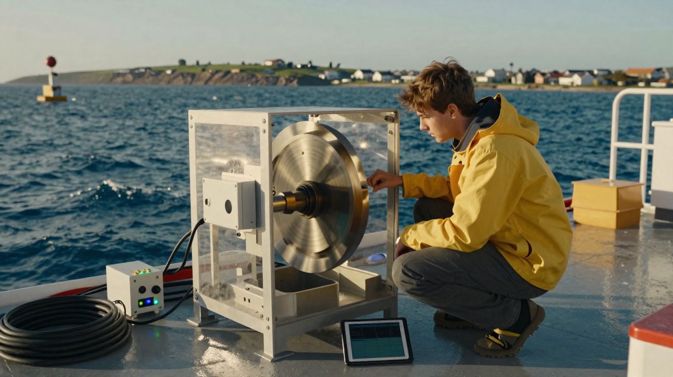 Jovem em capa amarela verifica equipamento científico num barco no mar com terra ao fundo.