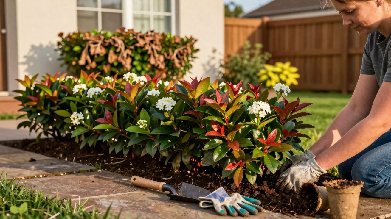 Pessoa a cuidar de flores brancas e folhagem colorida numa cama de jardim doméstico ao sol.