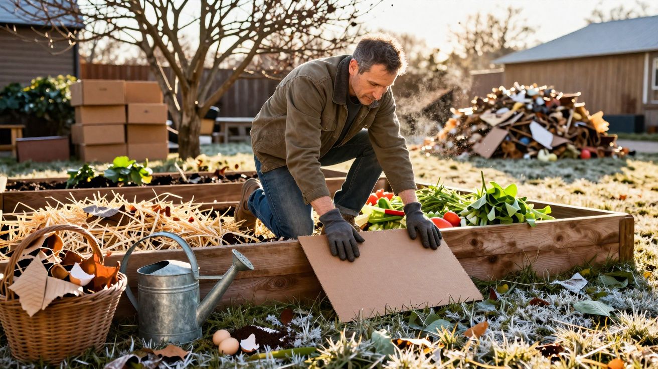 Homem a cuidar de canteiro com vegetais, rodeado de ferramentas e cesto com resíduos orgânicos.