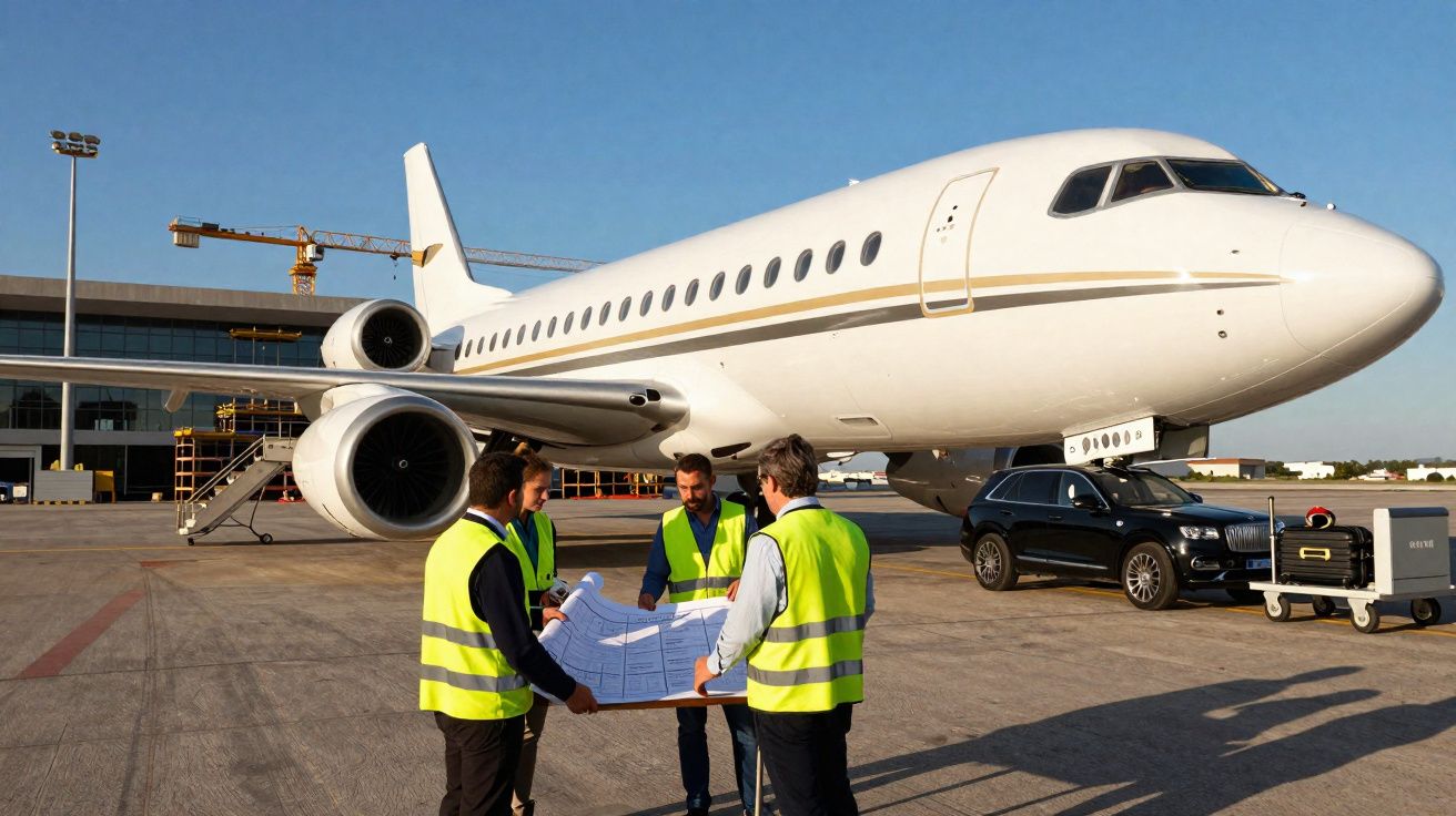 Quatro homens com coletes refletores analisam plantas junto a um avião estacionado num aeroporto.
