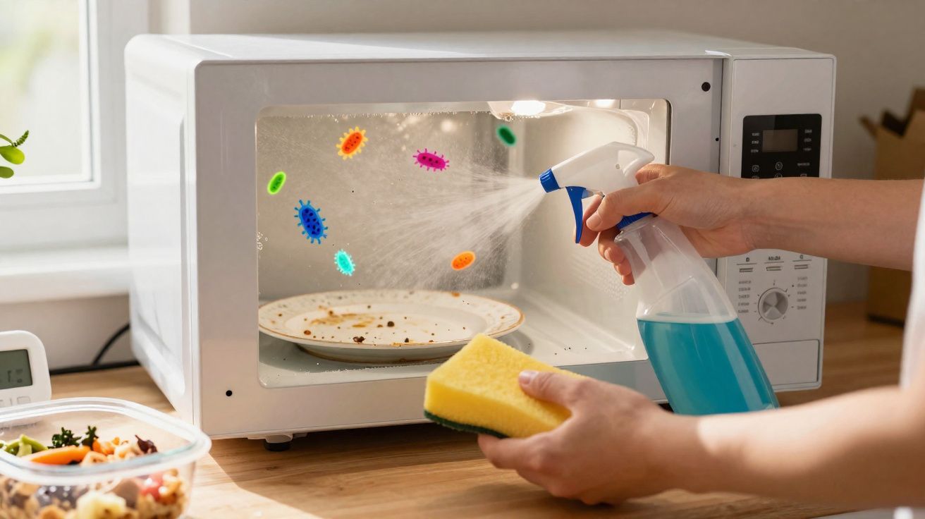 Pessoa a limpar interior de micro-ondas sujo com spray desinfetante e esponja amarela.