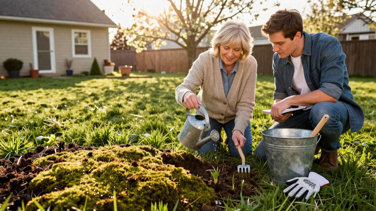 Mulher idosa e jovem a cuidar de uma horta num jardim ensolarado, com regador e ferramentas.