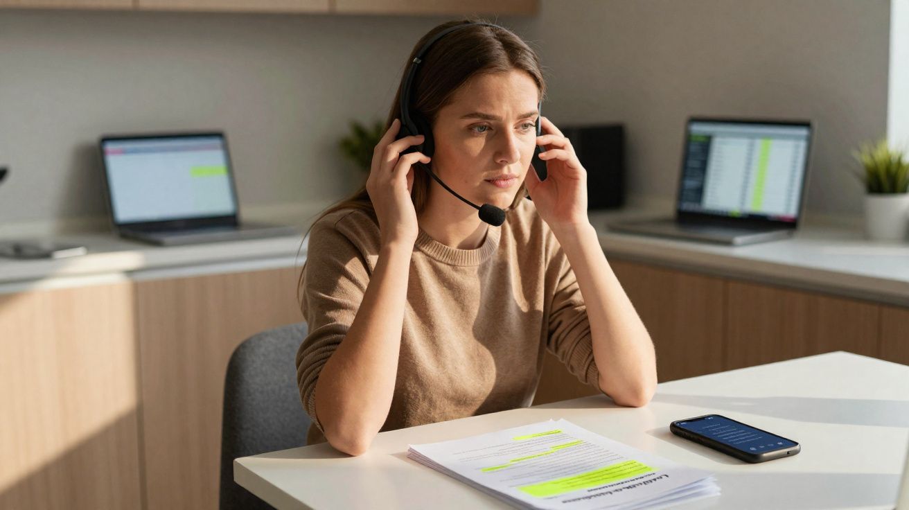 Mulher com auricular numa mesa com documentos destacados e dois computadores portáteis ao fundo.