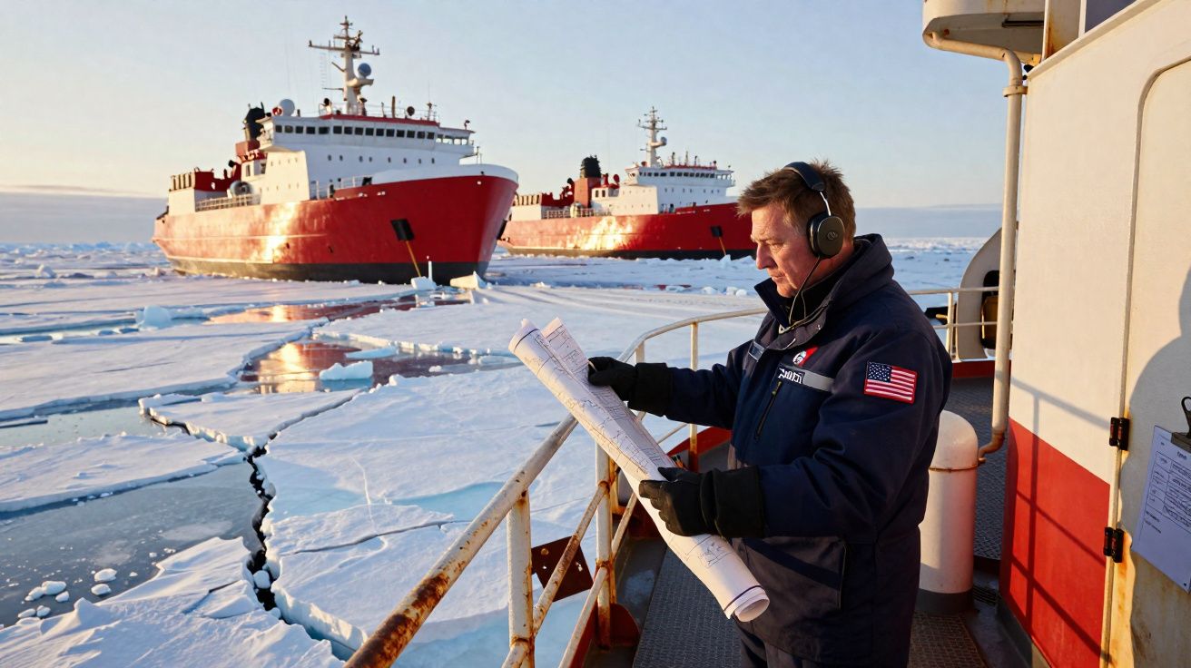Homem com auscultadores e mapa a bordo de navio em gelo polar, com dois navios de exploração vermelhos ao fundo.
