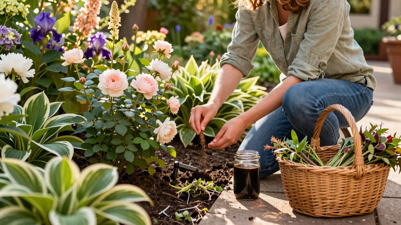 Pessoa a semear sementes num jardim florido com cesta de flores ao lado.