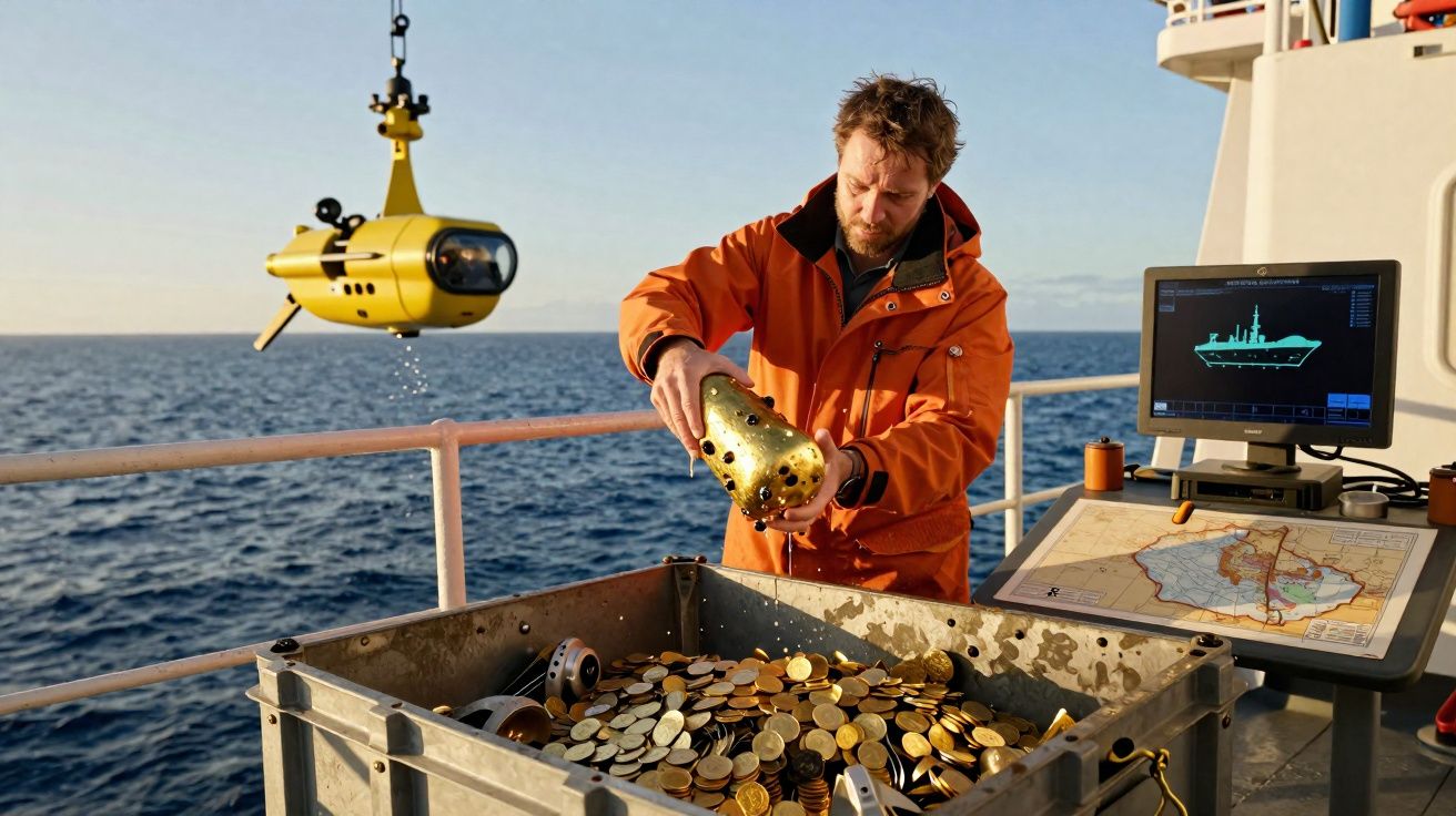 Homem a trabalhar num navio com equipamento de robótica subaquática e moedas douradas numa caixa metálica.