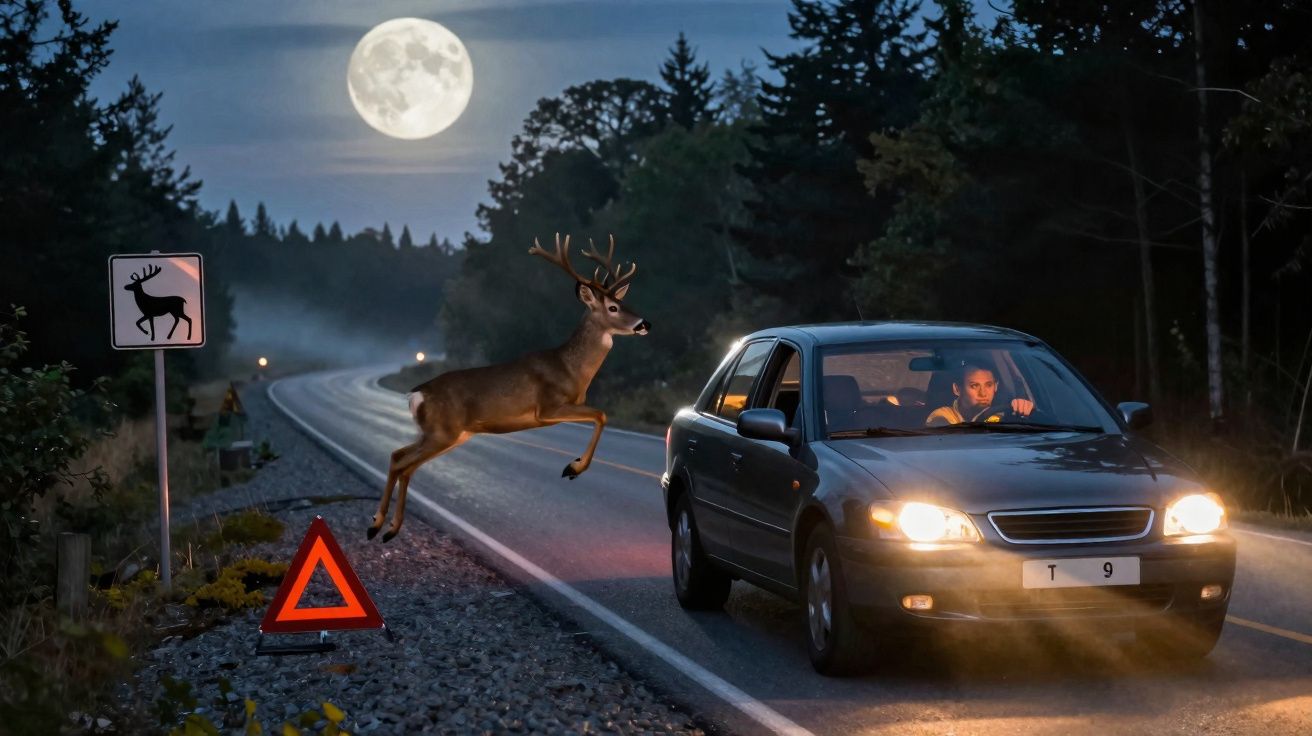 Veado a saltar na estrada à noite com carro parado e sinal de perigo sob lua cheia.