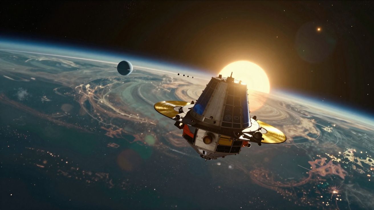 Nave espacial em órbita ao pôr do sol, com planeta e anéis visíveis em segundo plano no espaço.