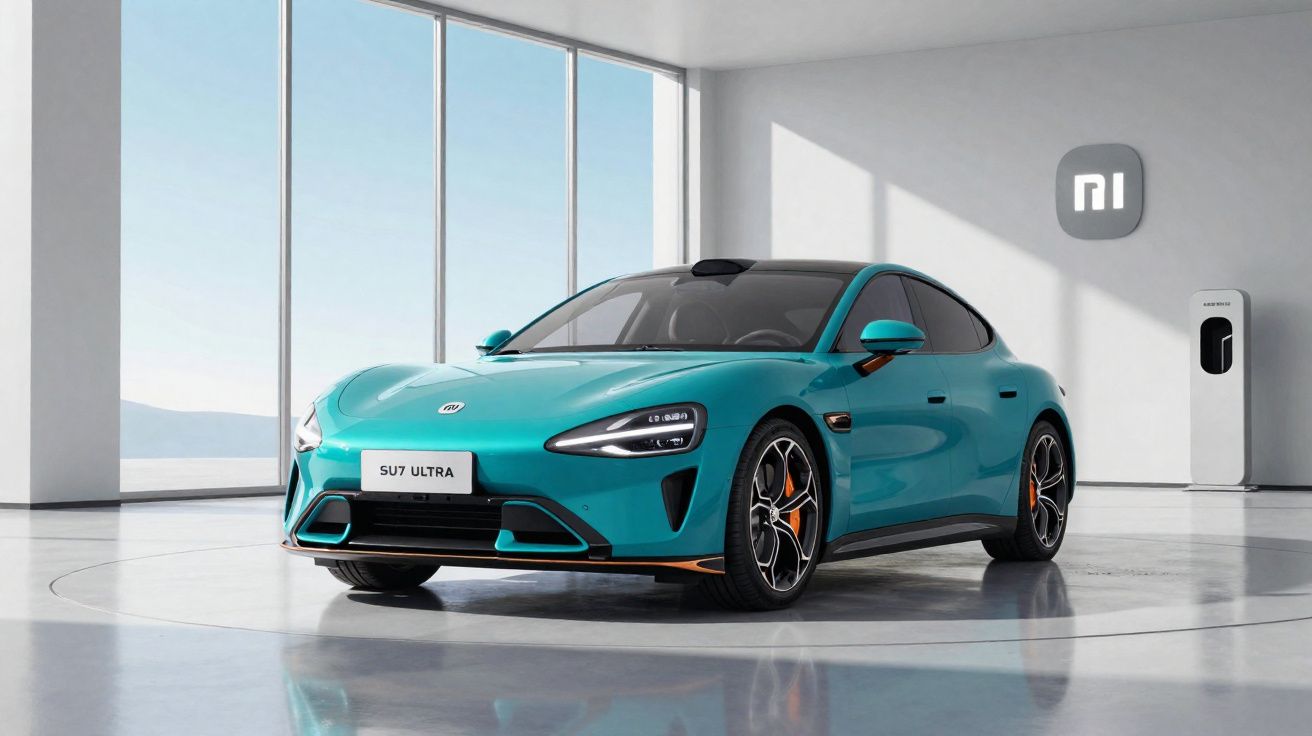 Carro elétrico azul Xiaomi SU7 Ultra numa sala branca com carregador e logo Xiaomi na parede.