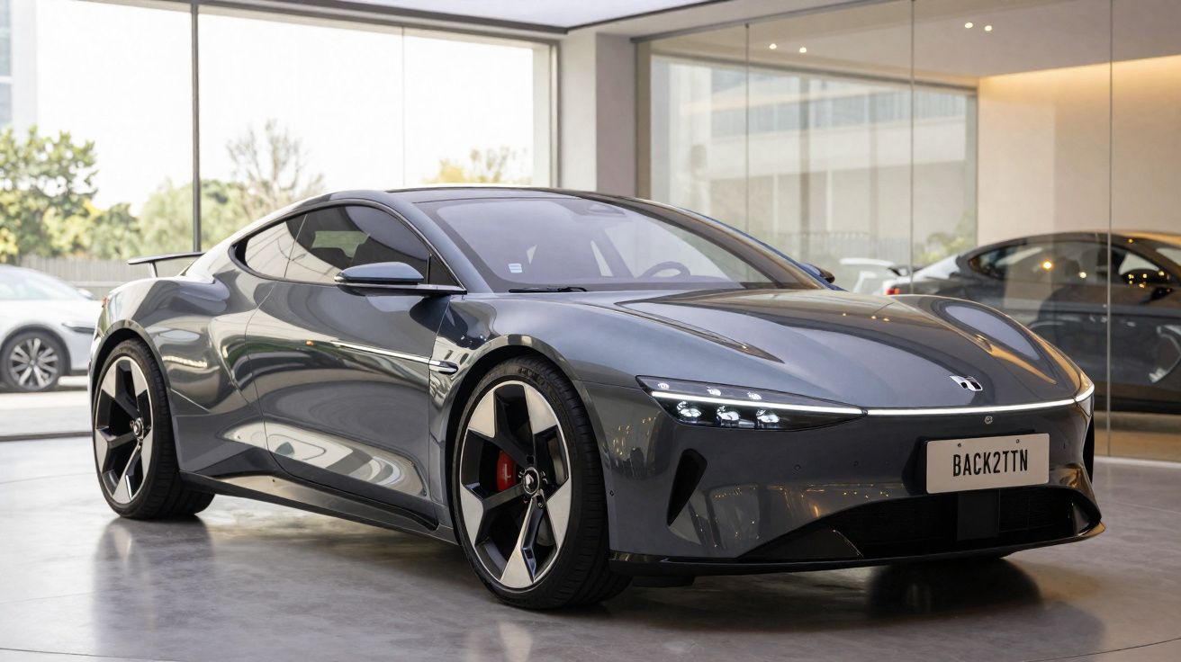 Carro desportivo cinzento escuro estacionado num showroom moderno com jantes grandes e linhas aerodinâmicas.