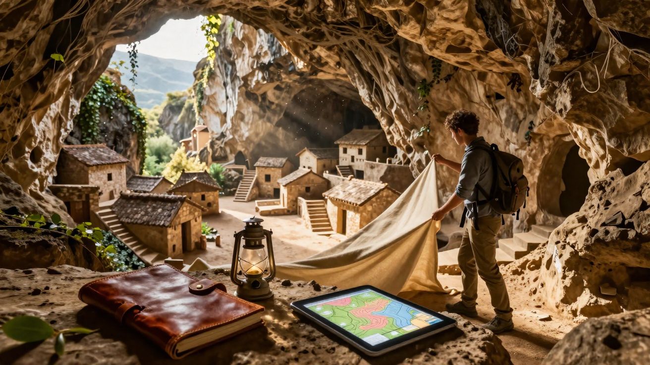 Homem com mochila em gruta olhando para miniatura de aldeia histórica em luz natural.