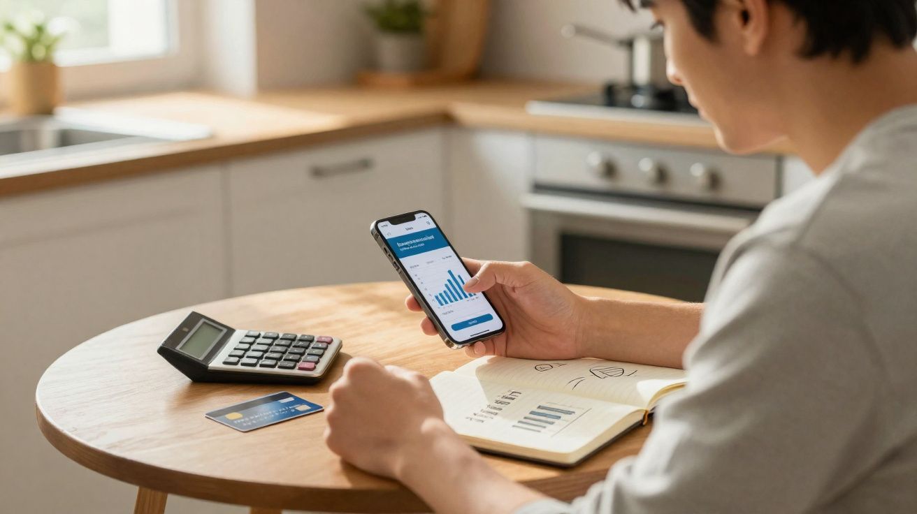 Pessoa a consultar gráficos financeiros num smartphone, com calculadora e cartão de crédito sobre a mesa.