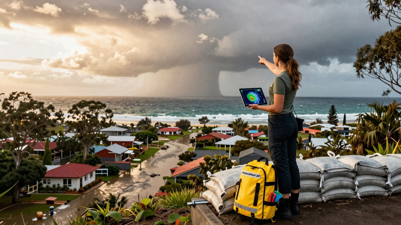 Mulher com tablet observa nuvem de tempestade no mar, vista de cima de bairro com casas e sacos de areia.