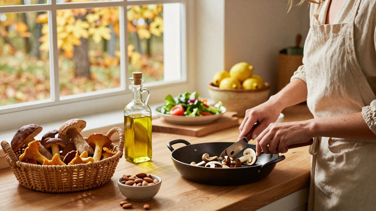 Pessoa a cortar cogumelos numa frigideira numa cozinha com ingredientes frescos sobre a bancada.