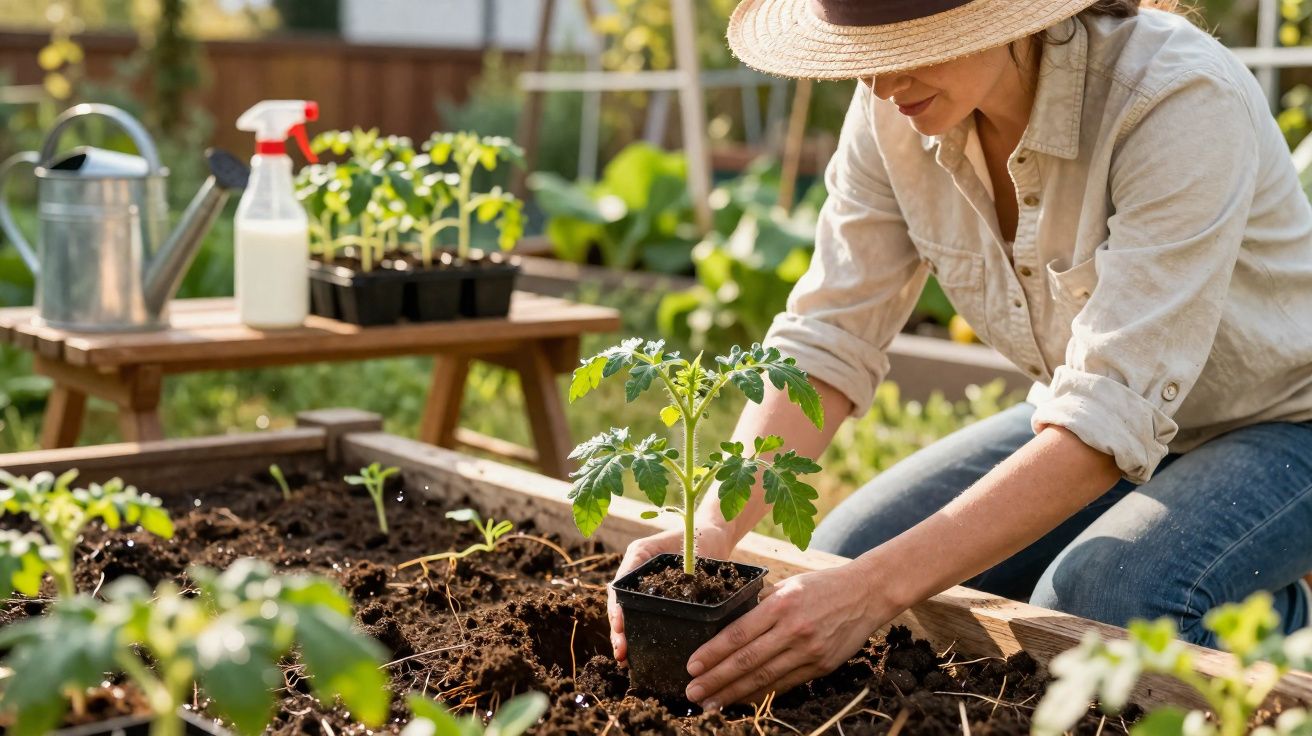 Mulher com chapéu a plantar uma muda de tomate numa horta caseira ao ar livre, em dia soalheiro.