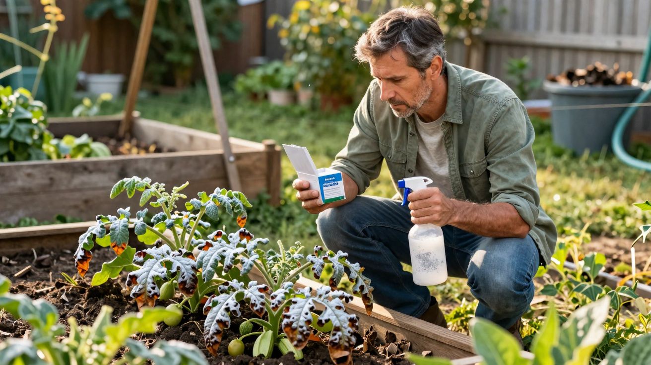 Homem a aplicar pesticida numa planta doente numa horta urbana ao ar livre durante o dia.