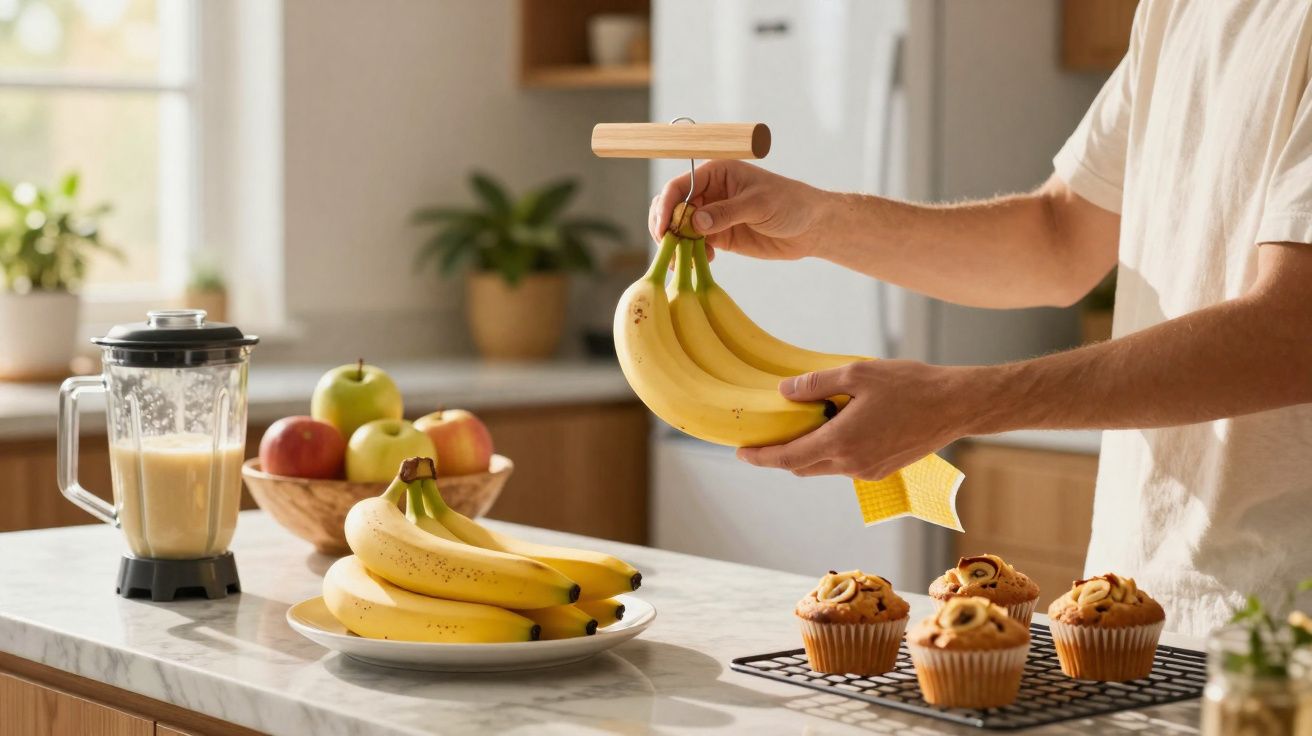 Pessoa a segurar cachos de bananas numa cozinha, com muffins, um prato com mais bananas e uma taça com maçãs.