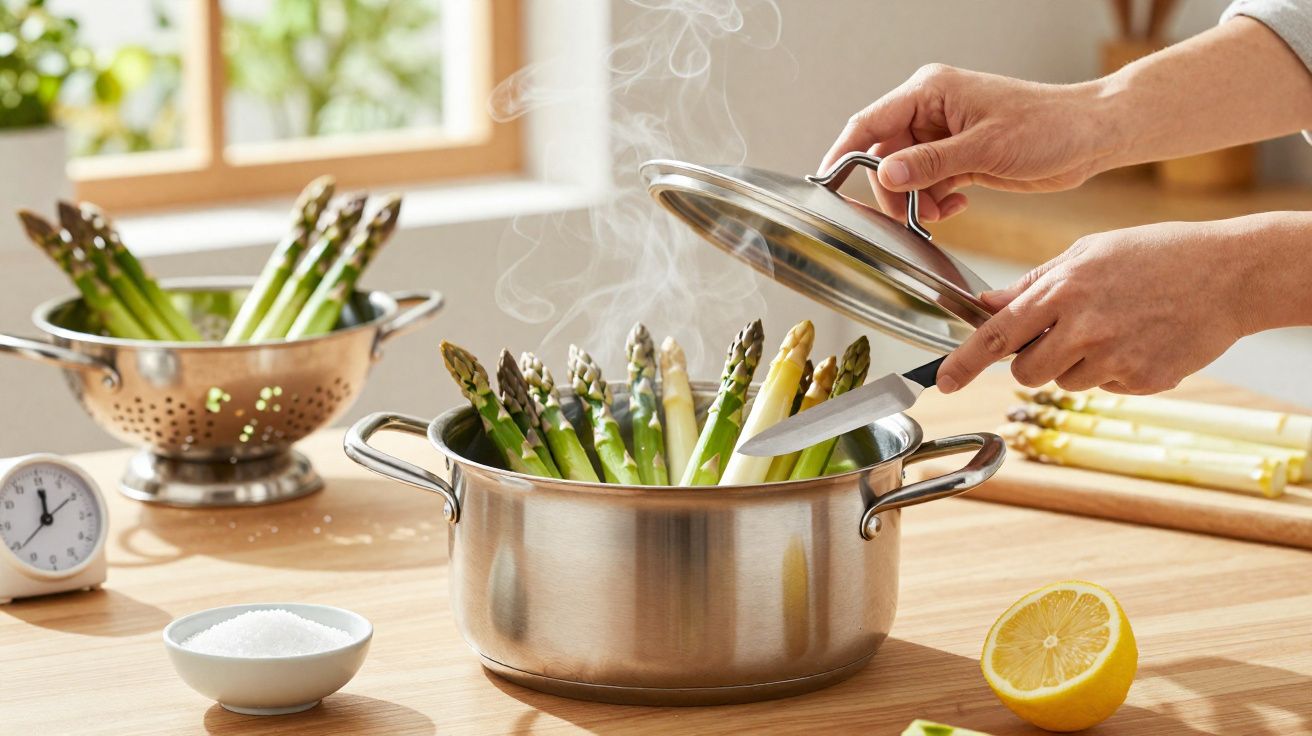 Mãos a levantar tampa de panela com espargos verdes e brancos a cozinhar, sobre bancada de cozinha.