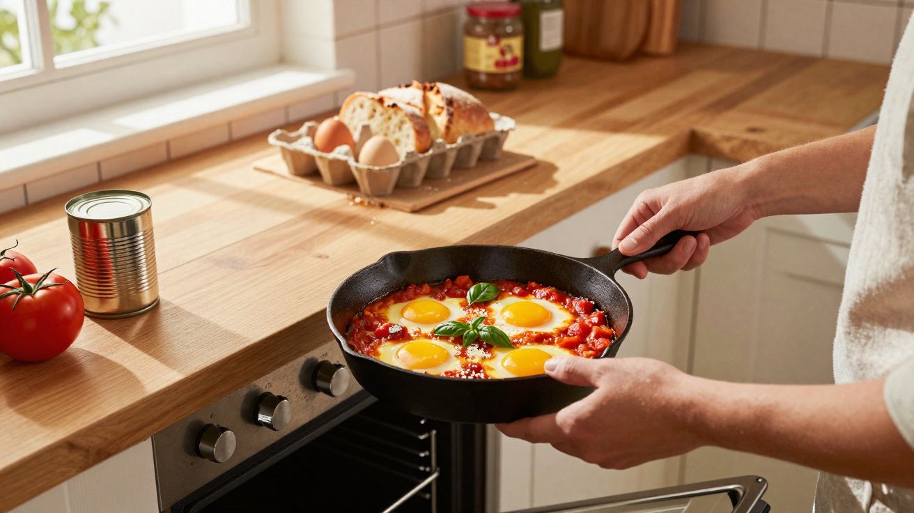 Pessoa a cozinhar ovos com tomate numa frigideira preta numa cozinha luminosa e moderna.