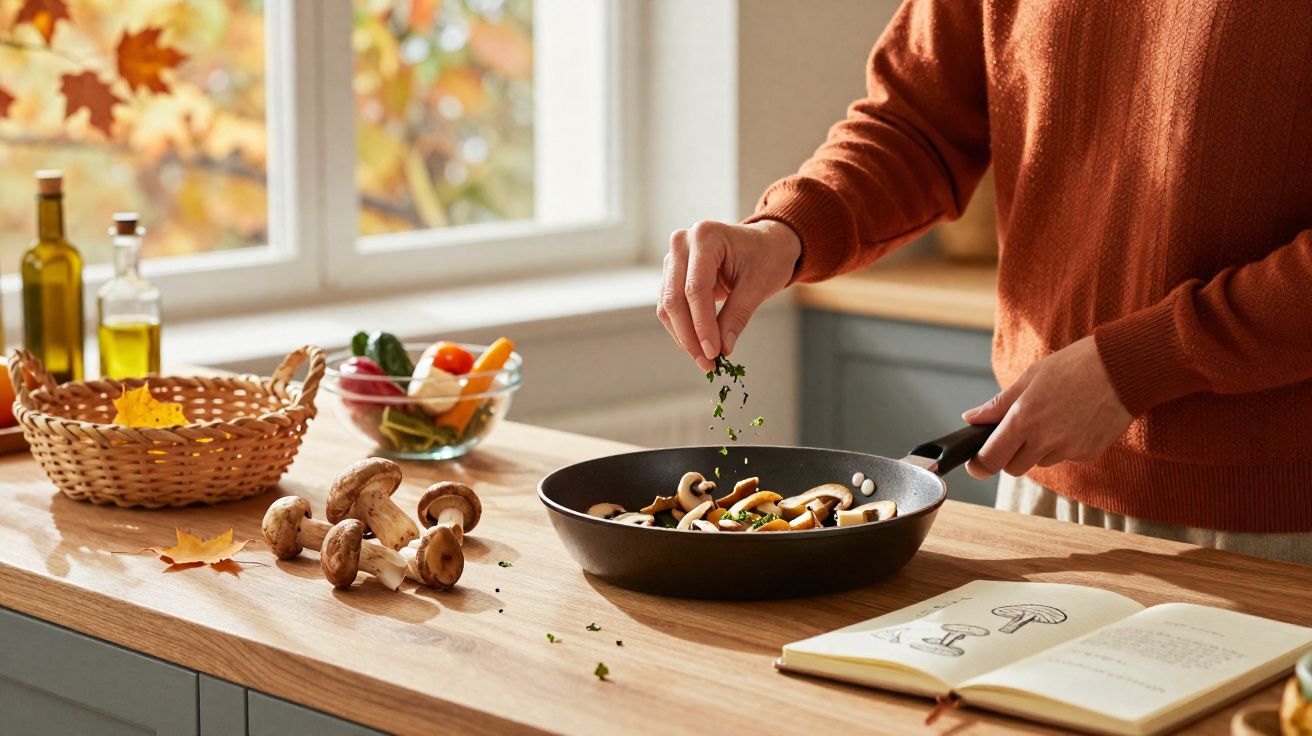 Pessoa a temperar cogumelos numa frigideira numa cozinha com ingredientes e livro de receitas sobre a bancada.