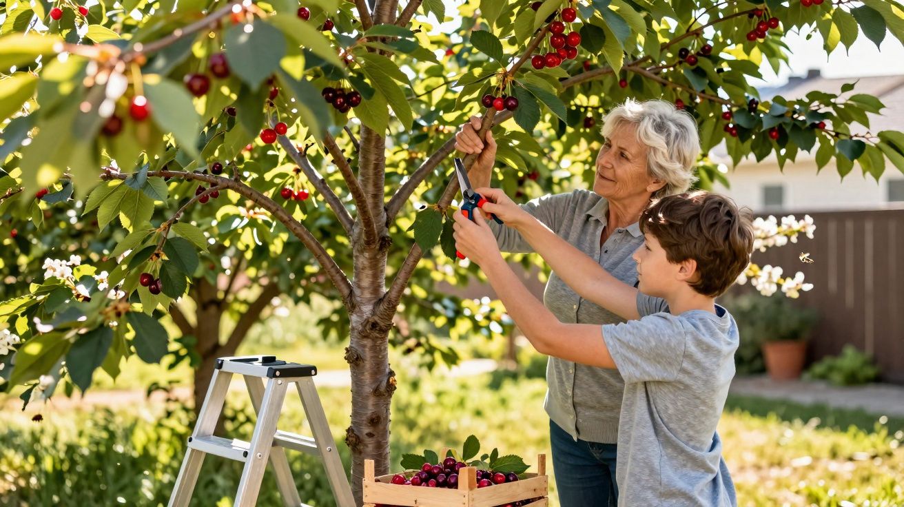 Avó e neto apanham cerejas maduras numa árvore num jardim ensolarado e tranquilo.