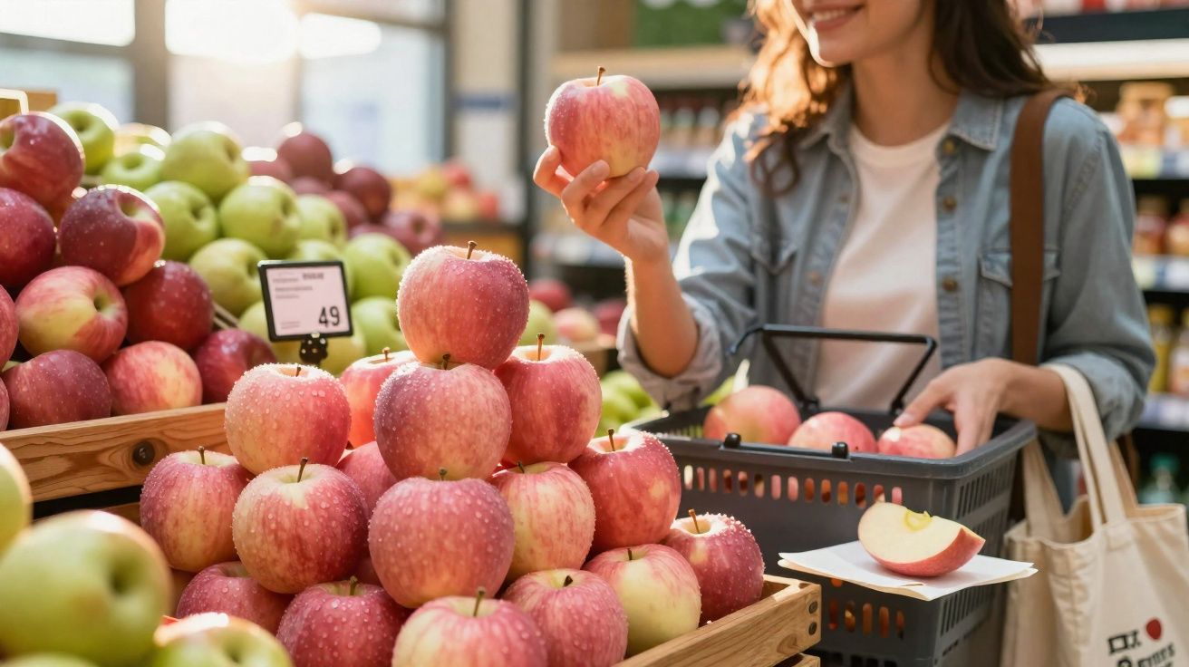 Mulher a escolher maçãs vermelhas num supermercado, com cesta de compras e sacola reutilizável.