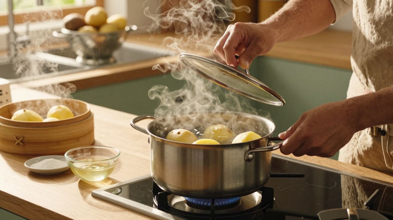 Homem a cozer batatas numa panela com tampa numa cozinha luminosa com vapor a sair.