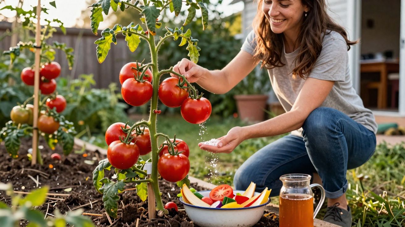 Mulher a colher tomates maduros numa horta, com tigela colorida e jarra ao lado, num dia de sol.