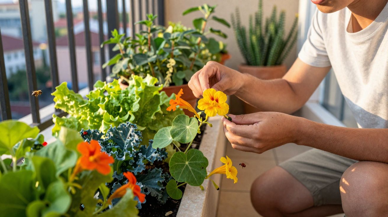Pessoa a cuidar de flores coloridas numa varanda com várias plantas em vasos.