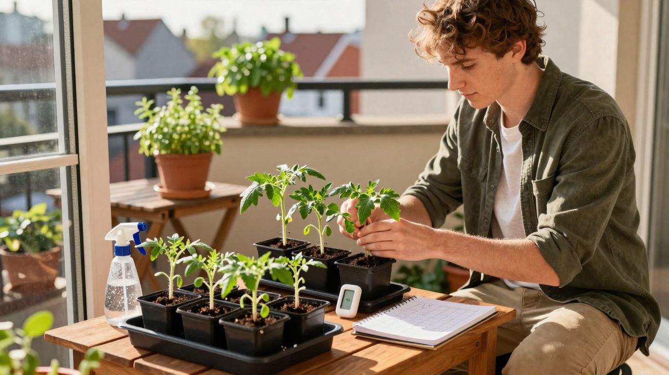 Jovem cuida de plantas jovens em vasos num terraço com caderno e pulverizador ao lado, ao sol.