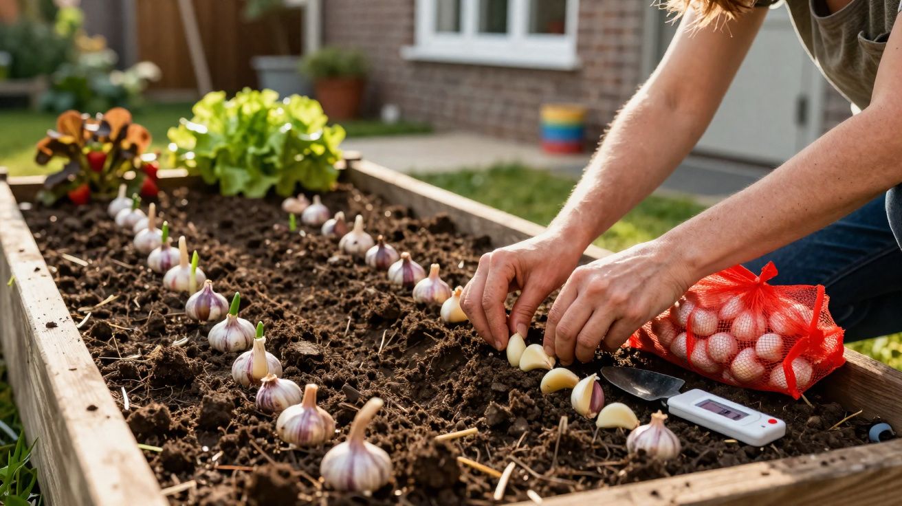 Pessoa a plantar dentes de alho em canteiro de jardim em área exterior de casa.