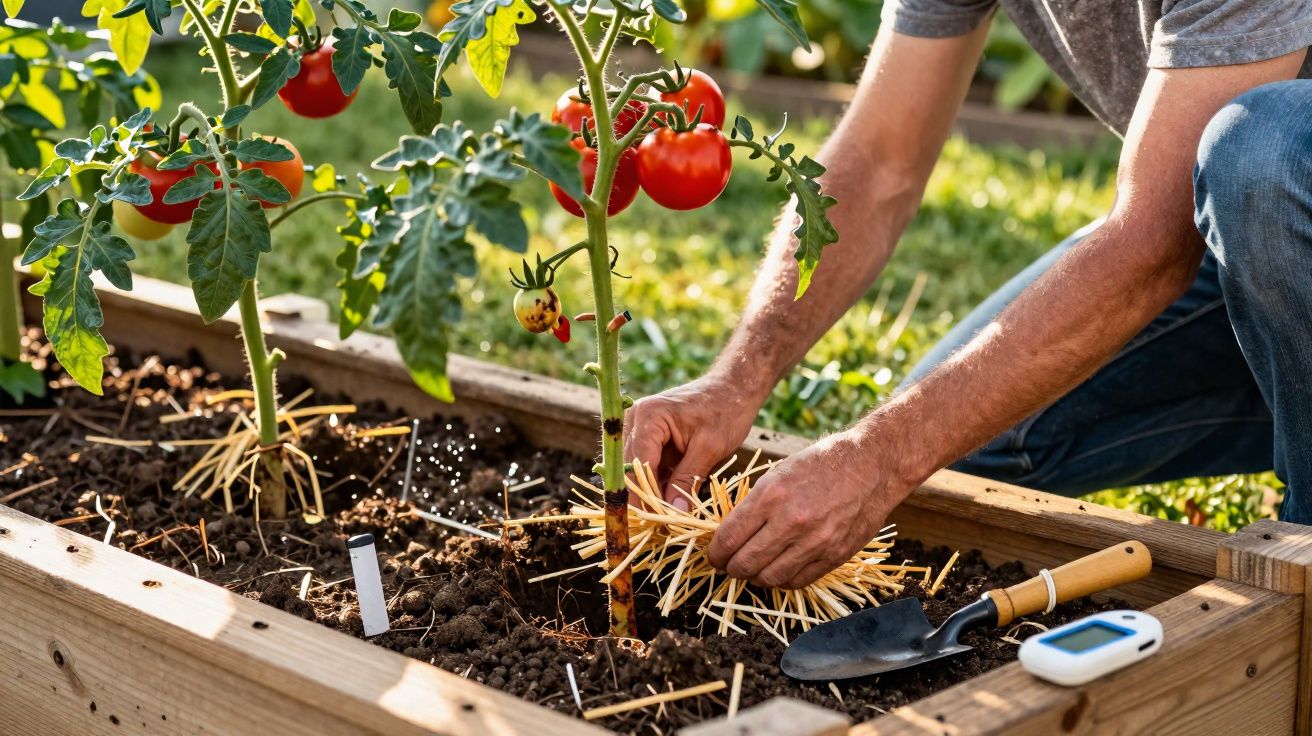 Pessoa a cuidar de planta de tomate numa horta urbana, com terra, palha e ferramentas ao lado.