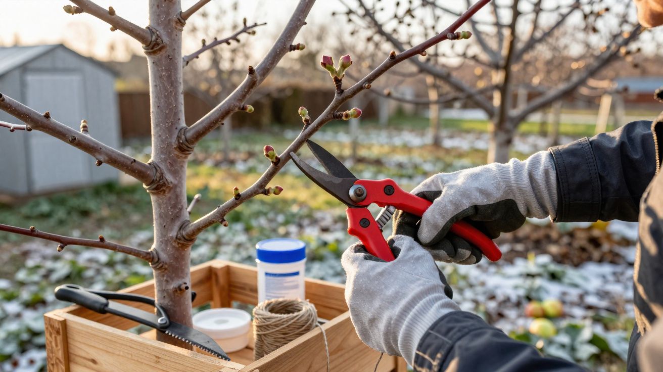 Pessoa com luvas a podar ramo de árvore com tesoura de poda no jardim ao amanhecer.