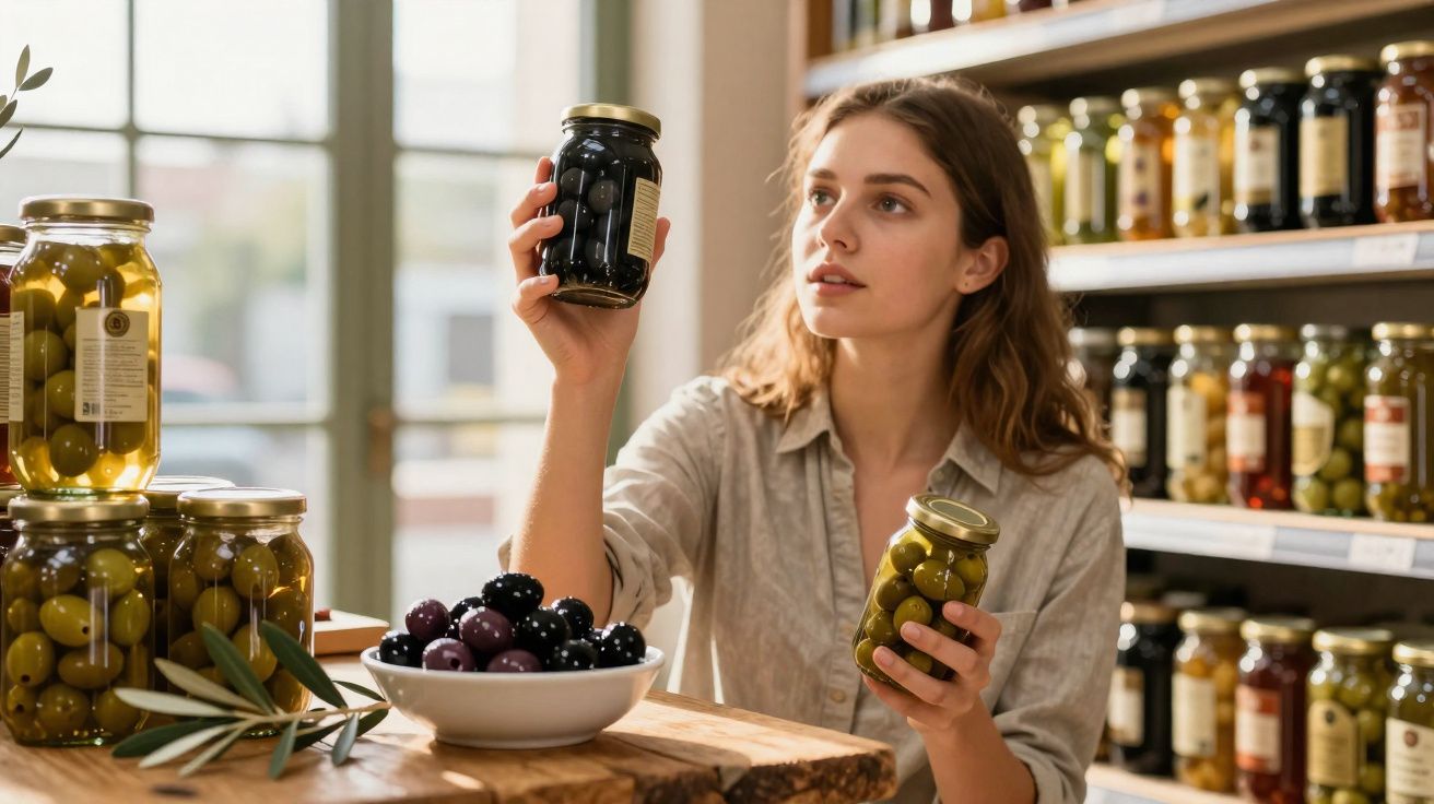 Mulher jovem a analisar frascos de azeitonas numa loja com prateleiras cheias de conservas ao fundo.
